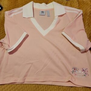 Adidas Light Pink Cropped Polo with Floral Accents - SIZE L